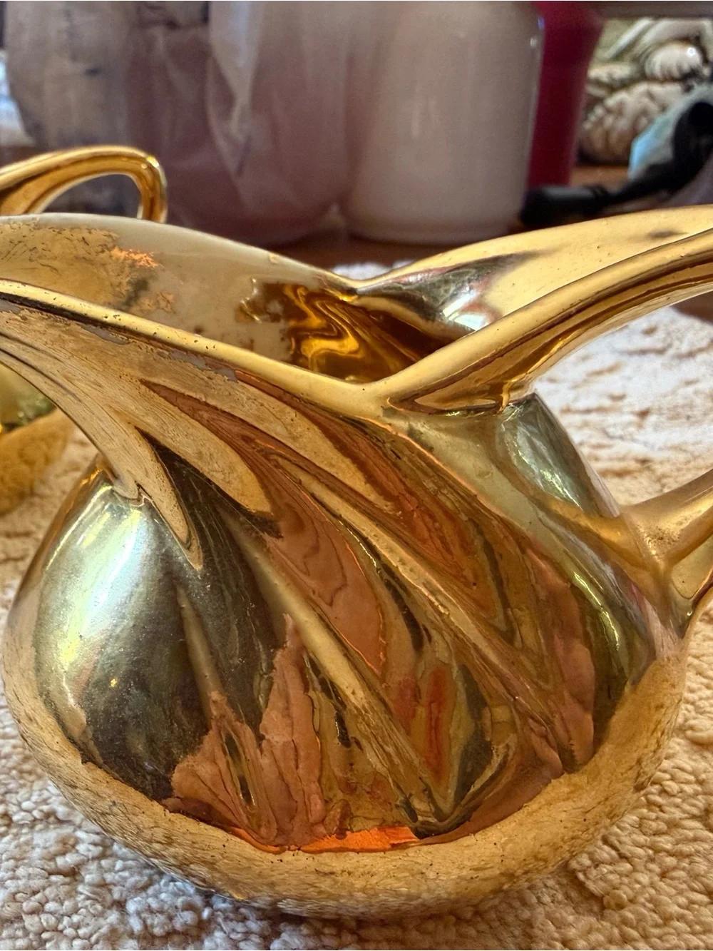 Pair of Decorative Gold Ceramic Creamer and Sugar